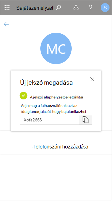 Az ideiglenes felhasználói jelszó másolása a Saját alkalmazottak lap alaphelyzetbe állítása után