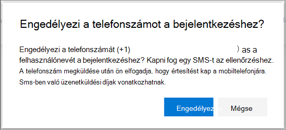 Megerősítő párbeszédpanel az SMS-bejelentkezés engedélyezéséhez egy telefonszámon