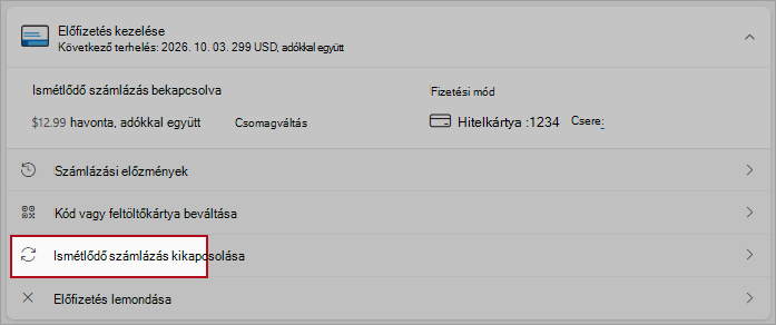 Képernyőkép az ismétlődő számlázás kikapcsolásához megjelenő gomb helyéről.