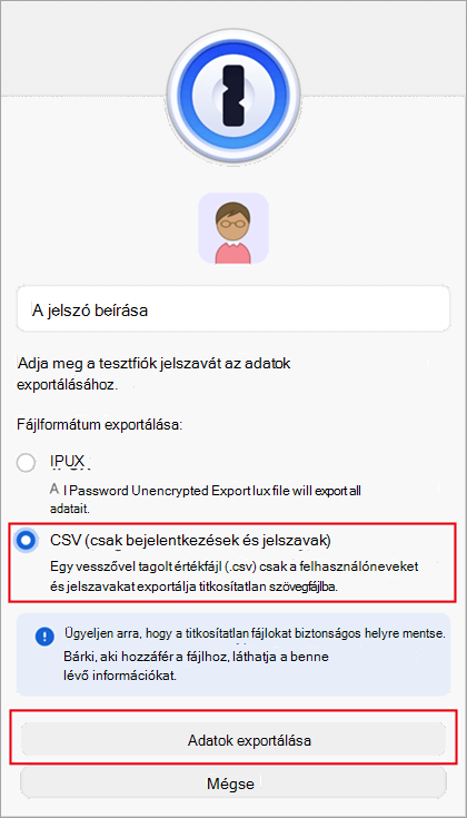 Az 1Password fájlexportálási párbeszédpanelje.