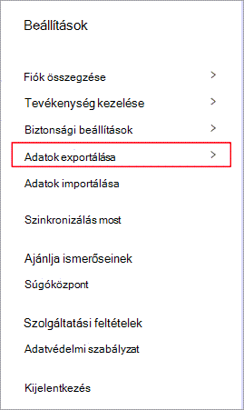 A Dashlane beállítások menüjében az Adatok exportálása elem van kiemelve.