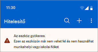 Képernyőkép egy rootolt Android-eszközön letiltott munkahelyi vagy iskolai fiókról a Microsoft Authenticator alkalmazásban.