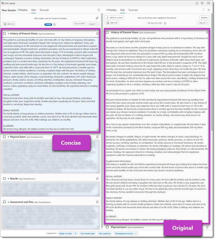 Image shows sample report before and after applying the more concise style