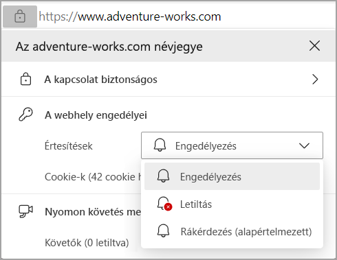 Az Edges böngésző címsorában található Értesítések engedélyeket bemutató kép.