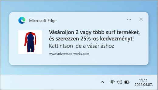 Példa egy webhelyértesítésre az Értesítési központban.