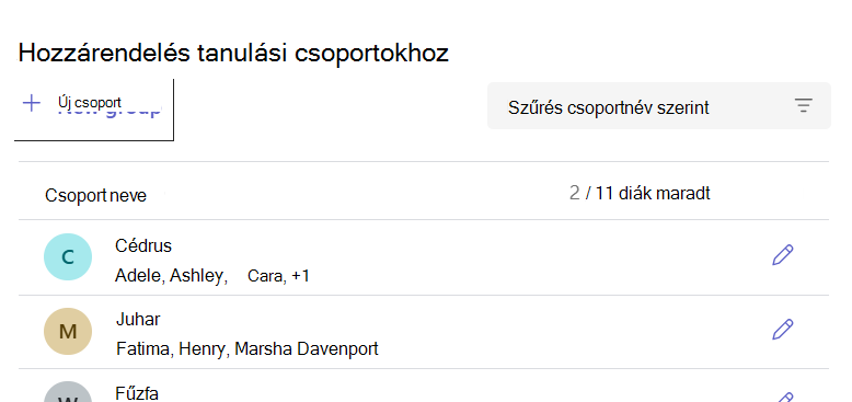 A Tanulási csoportok listája, amelyen az elnevezett csoportok láthatók, és az egyes csoportokban lévő tanulók száma látható.