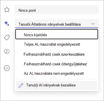 Képernyőkép a diákok AI-irányelveinek beállítási lehetőségeiről.