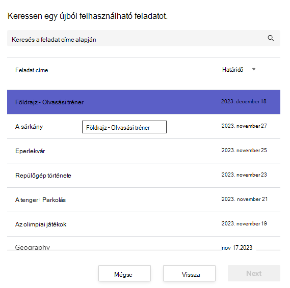 Képernyőkép egy újbóli felhasználásra szánt feladat kereséséről.