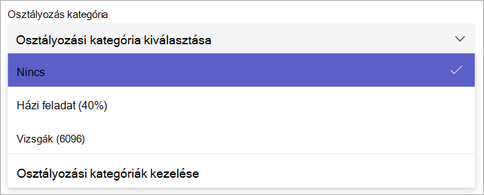 Képernyőkép az osztályozási kategória legördülő listájáról a feladat létrehozásakor