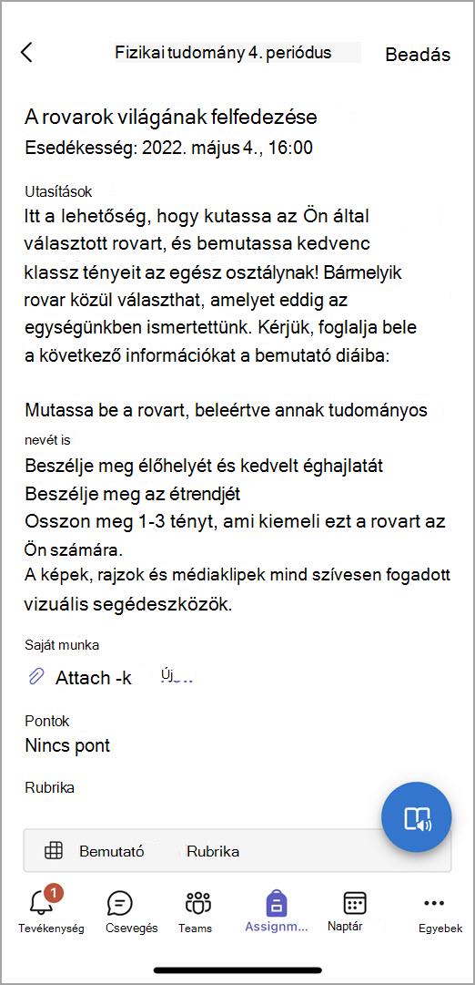 Képernyőkép arról, hogy mit látnak a diákok, amikor beadnak egy feladatot a mobil Teamsben.