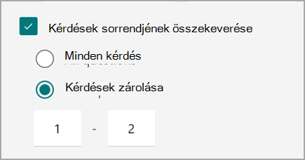 Képernyőkép a tesztkérdések összekeverésére és zárolására használható teszt-/űrlapbeállításról.