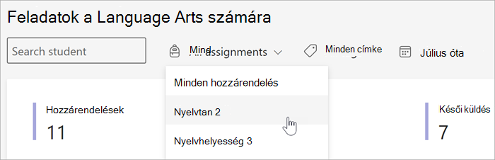 képernyőkép az elérhető szűrőkről az elemzések Feladatok és osztályzatok nézetében. kereshet tanulók, feladat, címke vagy dátum szerint.