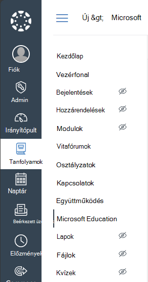 A Microsoft Education kiválasztása a Canvas course navigációs menüjében