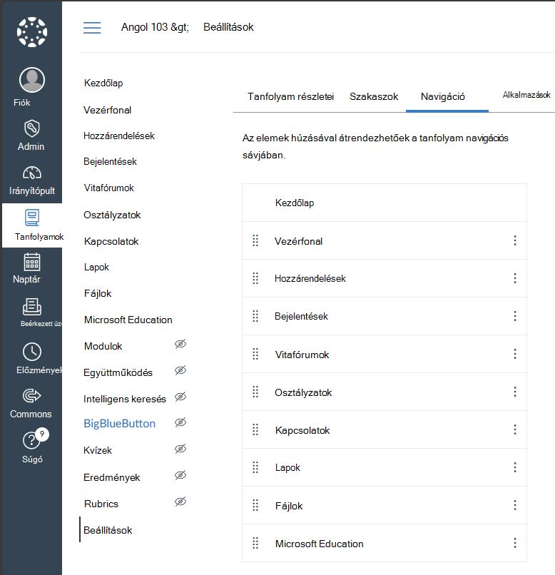 A Microsoft Education engedélyezése a Canvas környezetben tanfolyam navigációs hivatkozásai