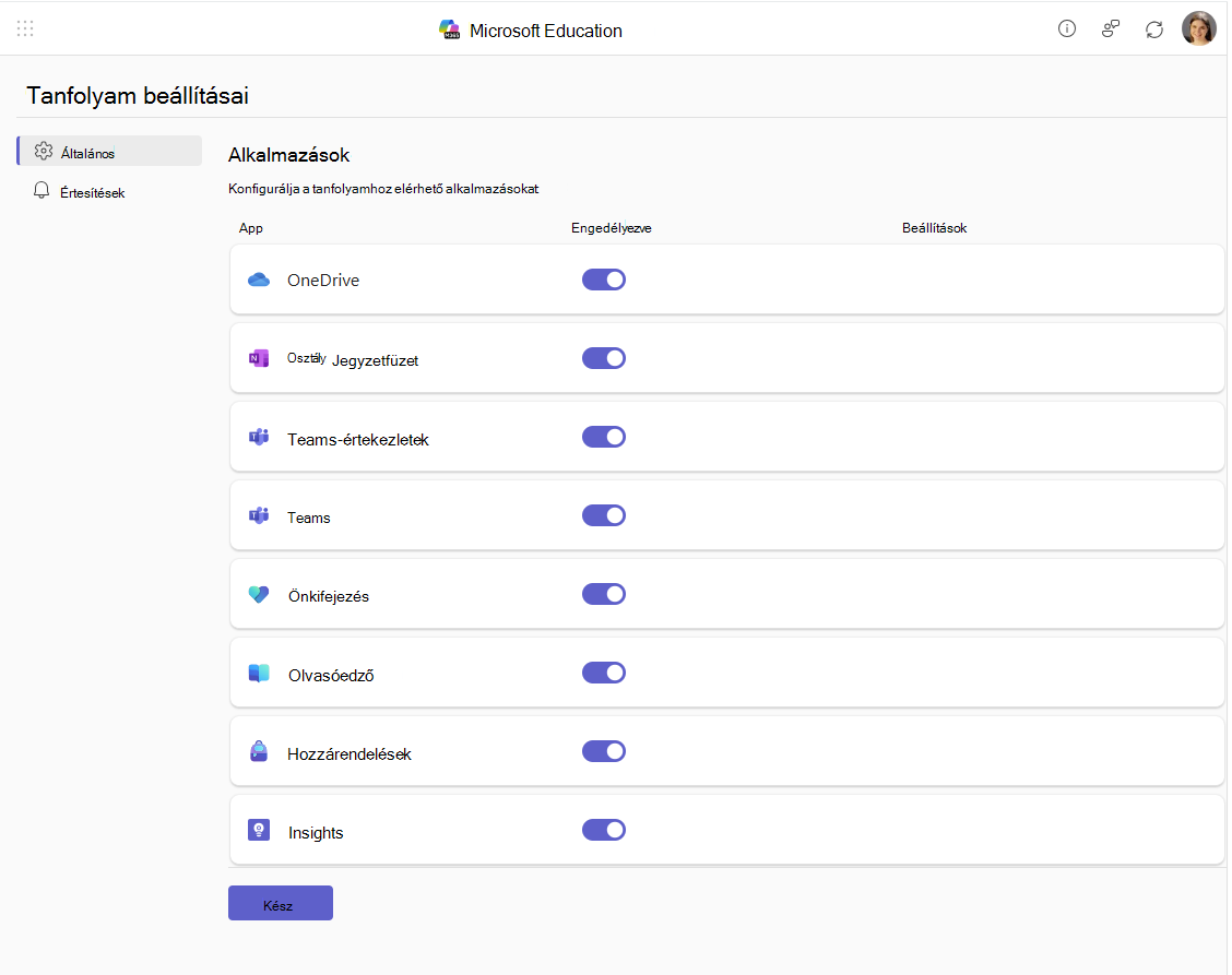 A Microsoft Oktatási tanfolyamok beállításai