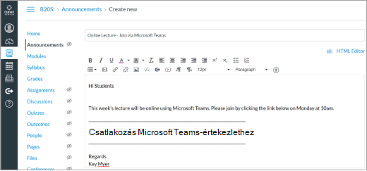 Microsoft Teams-hivatkozás egy Vászonalapú bejegyzésben
