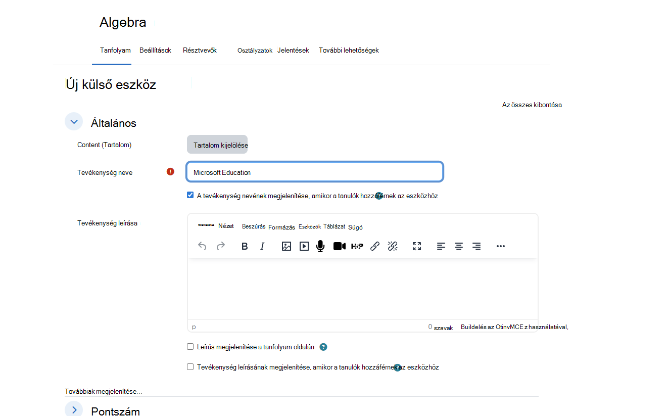 Moodle Új külső eszköz párbeszédpanel