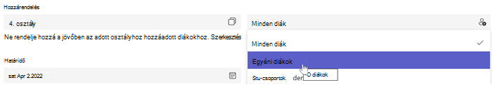 Képernyőkép a feladat létrehozásáról a Hozzárendelés kiválasztásával: egyes tanulók