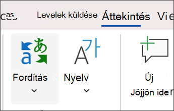 képernyőkép a Microsoft Wordben a Véleményezés, majd a Fordítás elem kiválasztásáról