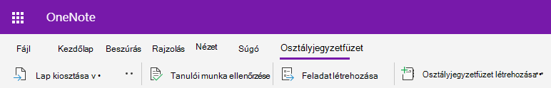 Képernyőkép: az Osztályjegyzetfüzet lap a Webes OneNote-ban