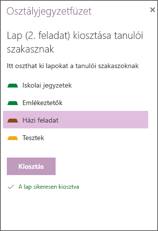 Példa kiosztott feladatra a Webes OneNote-ban
