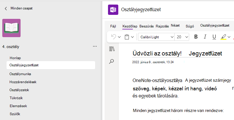 Képernyőkép az osztályjegyzetfüzet beállításáról.