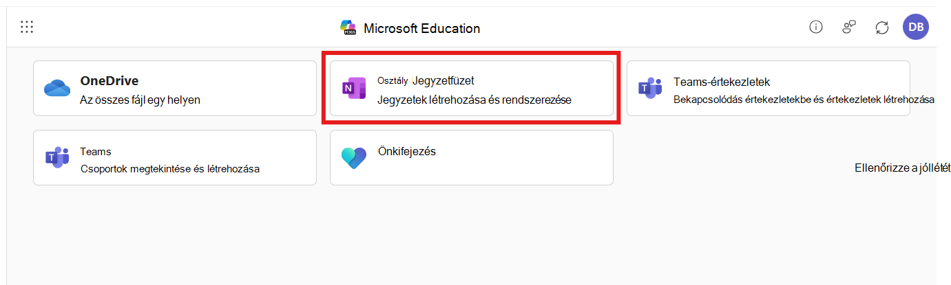 A Microsoft 365 LTI alkalmazás kijelölt Osztályjegyzetfüzettel