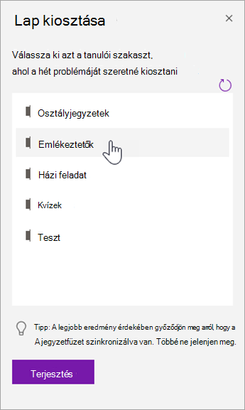 Válasszon egy tanulói szakaszt a Lap kiosztása ablaktáblában