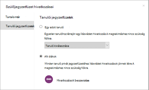 Írásvédett hivatkozásokat hozhat létre az egyes tanulók jegyzetfüzeteihez.