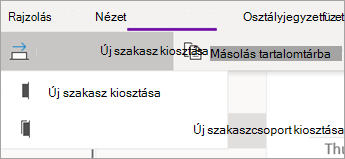 Új szakasz kiosztása gomb a lehetőségek legördülő menüjével.