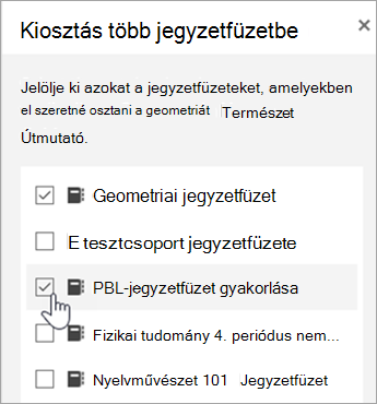 A jegyzetfüzetek közötti elosztás ablaka