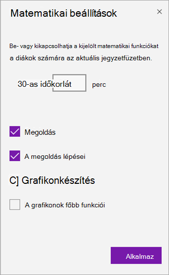 A Matematikai beállítások panelen beállíthatja az időtúllépések visszaszámlálását és kikapcsolhatja a matematikai funkciókat.