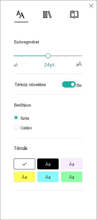 Szövegbeállítások menü a Modern olvasó programban p