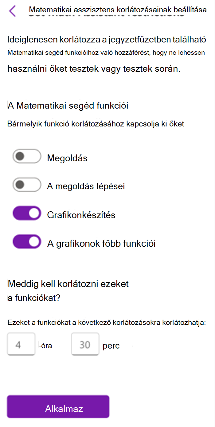 Képernyőkép az oktatóknak készült Matematikai segéd panelről az Osztályjegyzetfüzetben. Innen be- és kikapcsolhatja a matematikai segéd eszközeit, beleértve a megoldást, a megoldási lépéseket, a grafikonkészítést és a kulcsgrafikon funkciókat.