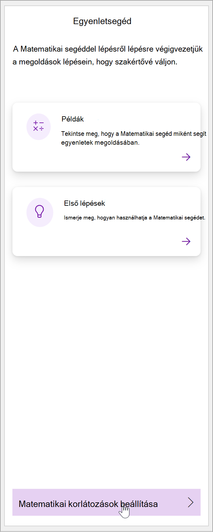 Képernyőkép a OneNote Matematika ablaktáblájáról A kurzor a Matematikai korlátozások beállítása gombra mutat