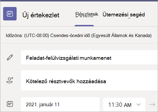 Képernyőkép a Teams Új értekezlet űrlapjáról címmel, résztvevőkkel, dátummal és időpont mezőkkel.