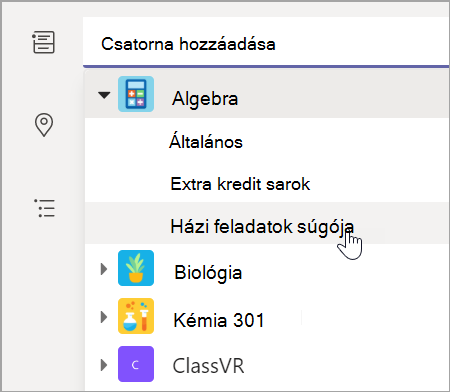 Képernyőkép az osztály csapatcsatornájának kiválasztásáról.