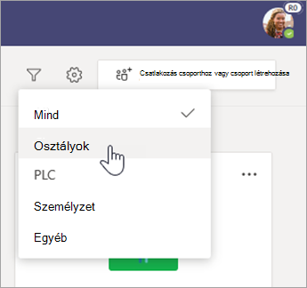 Csapattípusok szűrése.