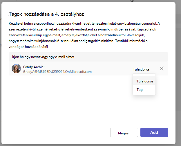Képernyőkép a tulajdonos hozzáadásáról.