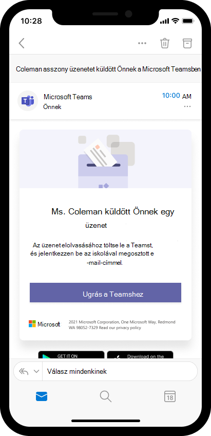 Képernyőkép egy mobileszközön látható e-mailről, amely felkéri a szülőt az oktatói üzenet megnyitására a Teamsben.