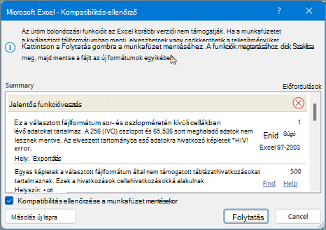 Az Excel-munkalap kompatibilitási problémáinak megoldása a Keresés funkcióval