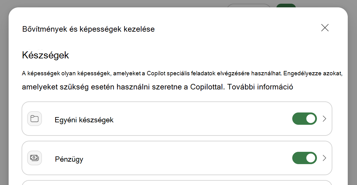 Képernyőkép a Copilot az Excelben Beépülő modulok & készségek kezeléséről párbeszédpanelről.