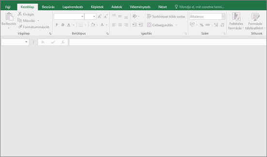 Üres Excel-ablak gombokkal, amelyek nem érhetők el; Nincs megnyitva munkafüzet.