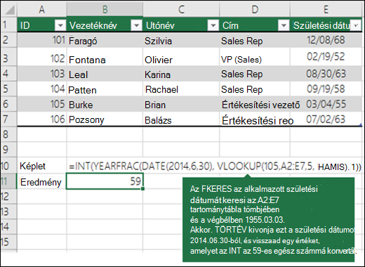 =INT(TÖRTÉV(DÁTUM(2014;6;30);FKERES(105;A2:E7;5;FLASE);1)) Az FKERES az A2:E7 tartományban (table_array) a 109-nek (lookup_value) megfelelő alkalmazott születési dátumát keresi, és a visszaadott dátum 1955.03.04. Ezután a TÖRTÉV kivonja ezt a születési dátumot a 2014.06.30 dátumból, majd visszaad egy értéket, amelyet az INY az 59 egész számmá konvertál.