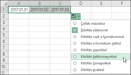 Egymást követő dátumokból álló lista létrehozása a kitöltőjellel