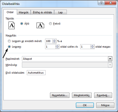 A Legyen beállítás megadása az Oldalbeállítás párbeszédpanelen.