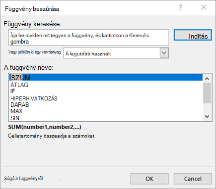 Függvény beszúrása párbeszédpanel