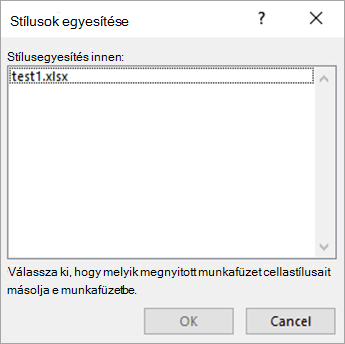 Munkafüzet kijelölése a Stílusok egyesítése párbeszédpanelen