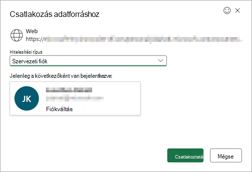 A Csatlakozás adatforráshoz ablak egy legördülő listával, amellyel kiválasztható a hitelesítés típusa.