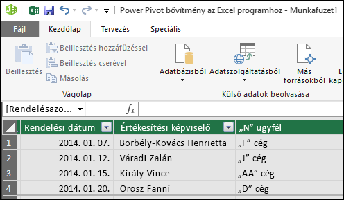 PowerPivot táblázat nézet
